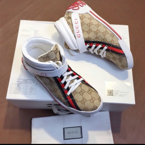 Shoes - White and Red Gucci Women High Top Sneakers